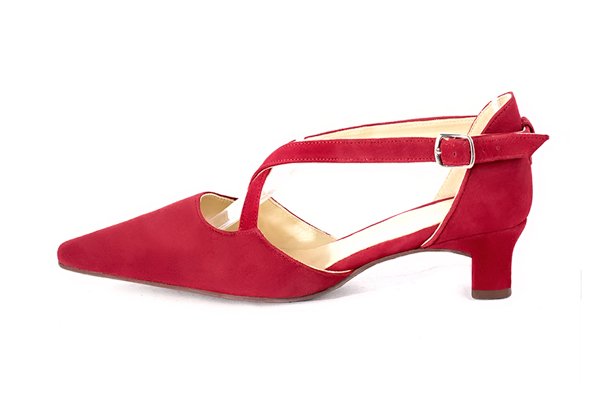 Women's cardinal red open side dress shoes, with crossed straps. Tapered toe. Low kitten heels - Profile view